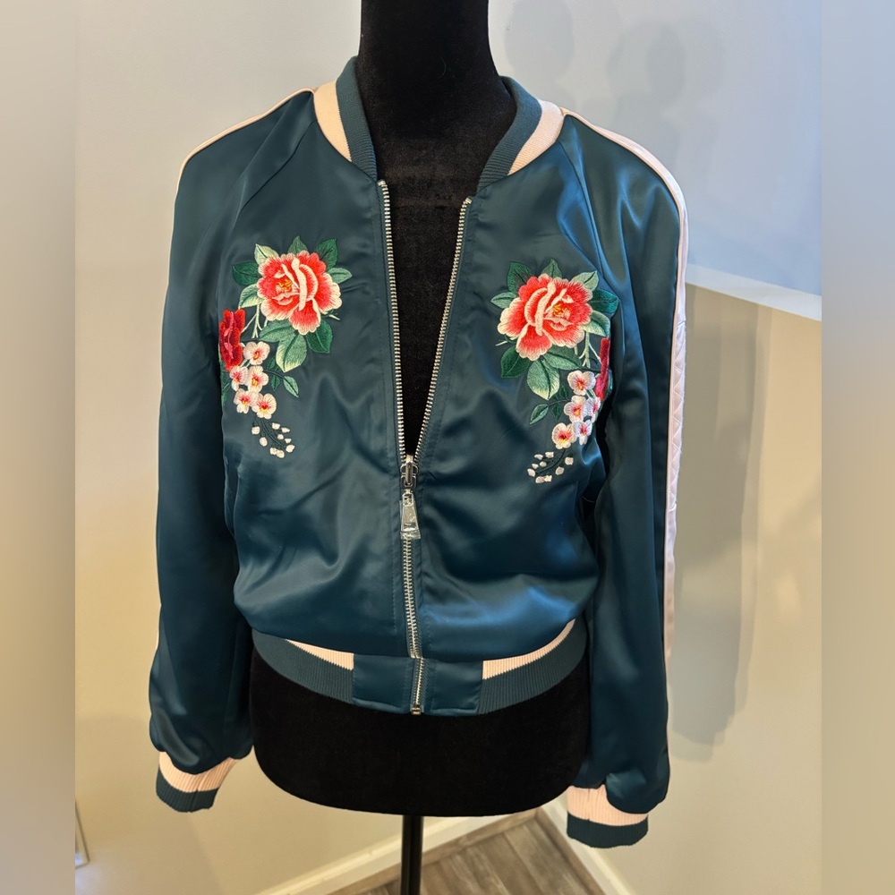 bebe Satin Reversible Bomber in XS